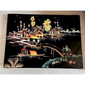 Vintage Asian Vietnamese Wood Black Lacquer Art Painting Village Scene